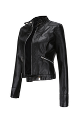 Black Faux Leather Snap Button Stand Neck Zipped Pocket Jacket Jackets JT's Designer Fashion