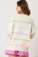 White Rainbow Stripes Drop Shoulder Baggy Henley Sweater Sweaters JT's Designer Fashion