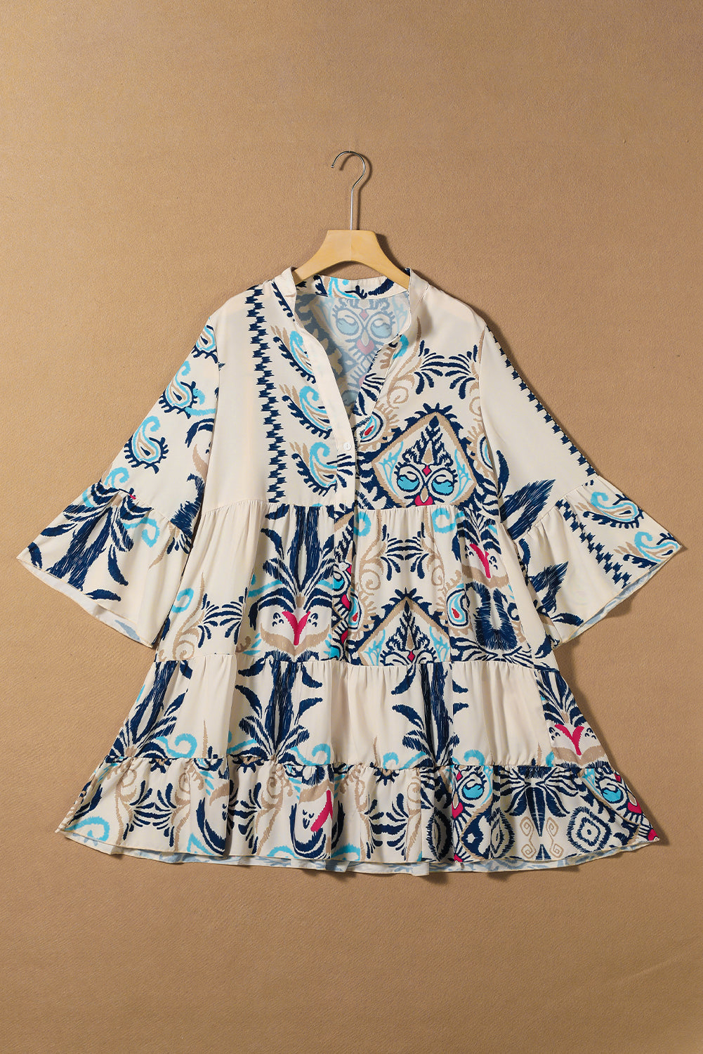 White Printed Tribal Bracelet Sleeve Buttoned Mini Dress Mini Dresses JT's Designer Fashion