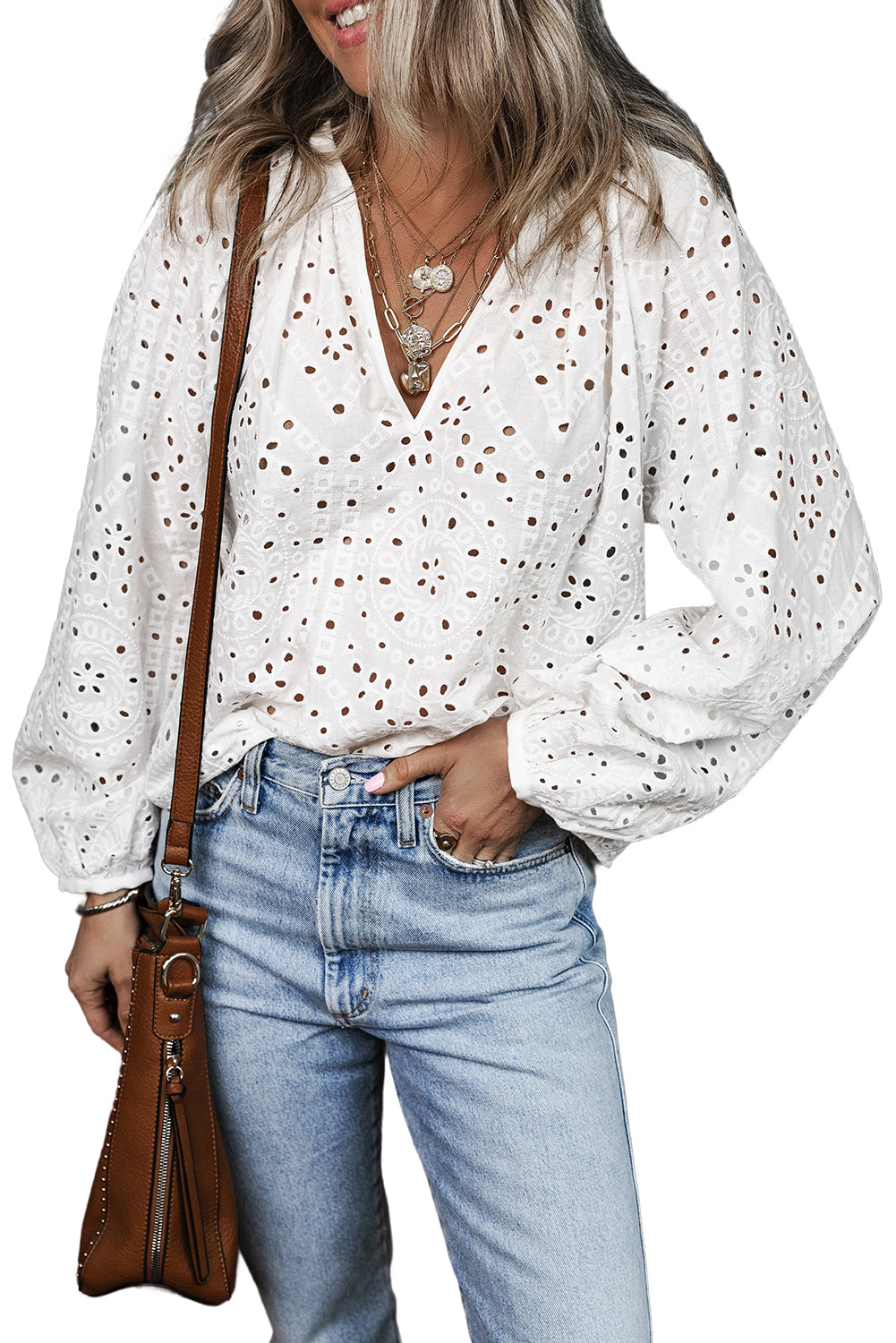 White Eyelet Embroidered Puff Sleeve V Neck Blouse Blouses & Shirts JT's Designer Fashion