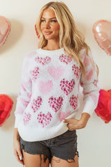 Pink Heart Leopard Print Pearled Ribbed Trim Fuzzy Sweater Sweaters JT's Designer Fashion