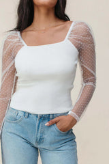 White Swiss Dot Mesh Long Sleeve Square Neck Slim Top Long Sleeve Tops JT's Designer Fashion