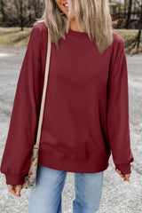 Burgundy Plain Drop Shoulder Crewneck Pullover Sweatshirt Sweatshirts & Hoodies JT's Designer Fashion