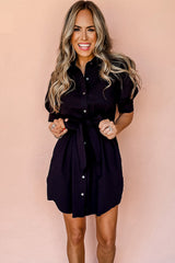 Black Button Up Tie Waist Puff Sleeve Mini Dress Mini Dresses JT's Designer Fashion
