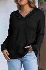 Black V Neck Ribbed Drop Shoulder Hooded Sweater Sweaters & Cardigans JT's Designer Fashion