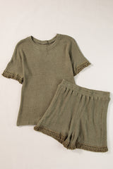 Laurel Green Fringe Trim Textured Short Two Piece Set Short Sets JT's Designer Fashion