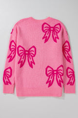 Pink Bow Pattern Drop Shoulder Loose Sweater Sweaters JT's Designer Fashion