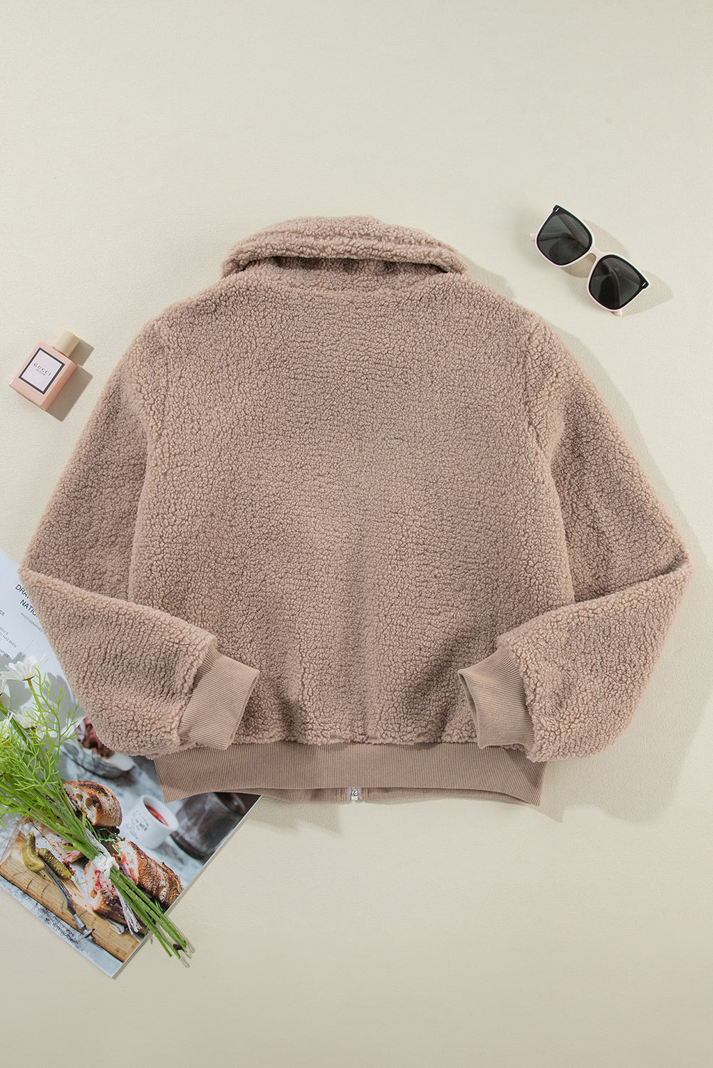Light French Beige Zipper Pocketed Winter Fuzzy Jacket Jackets JT's Designer Fashion