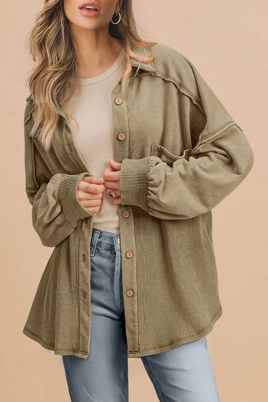Moss Green Waffle Knit Patchwork Buttoned Oversized Shacket Moss Green 65%Polyester+35%Cotton Jackets JT's Designer Fashion