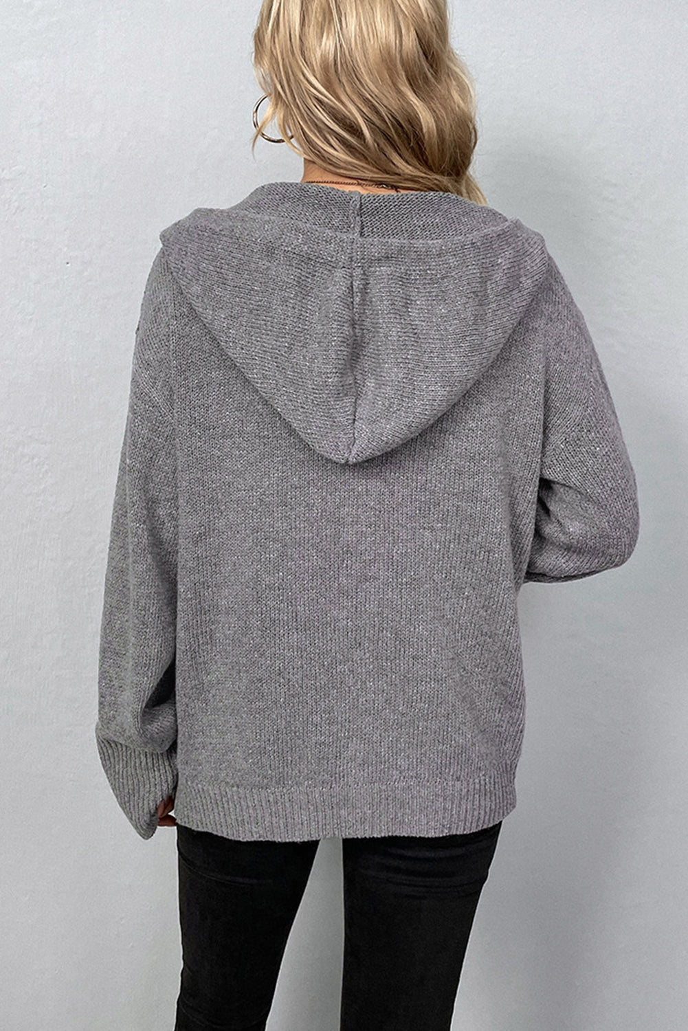 Medium Grey Drawstring Hooded Button Up Drop Shoulder Sweater Cardigan Cardigans JT's Designer Fashion