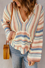 Multicolor Striped Knit Kangaroo Pocket Hooded Sweater Sweaters & Cardigans JT's Designer Fashion