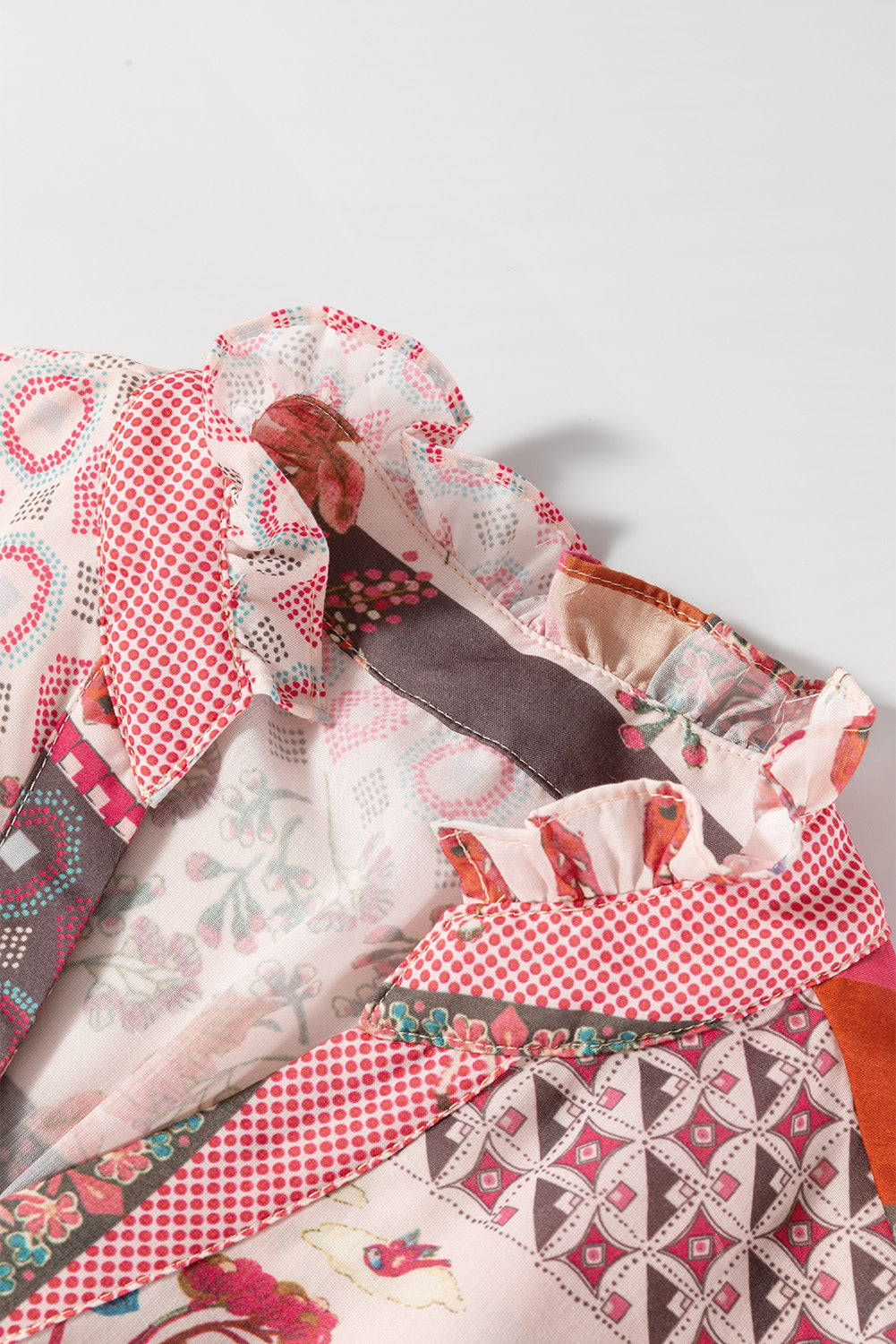Red Boho Geometric Mixed Print Patchwork Bubble Sleeve Shirt Blouses & Shirts JT's Designer Fashion