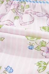 Pink Floral Striped Print Contrast Trim Tie Split Neck Mini Dress Dresses JT's Designer Fashion