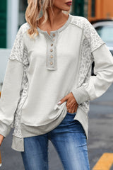 Gray Leopard Patchwork Exposed Seam Buttoned Neck Sweatshirt Sweatshirts & Hoodies JT's Designer Fashion