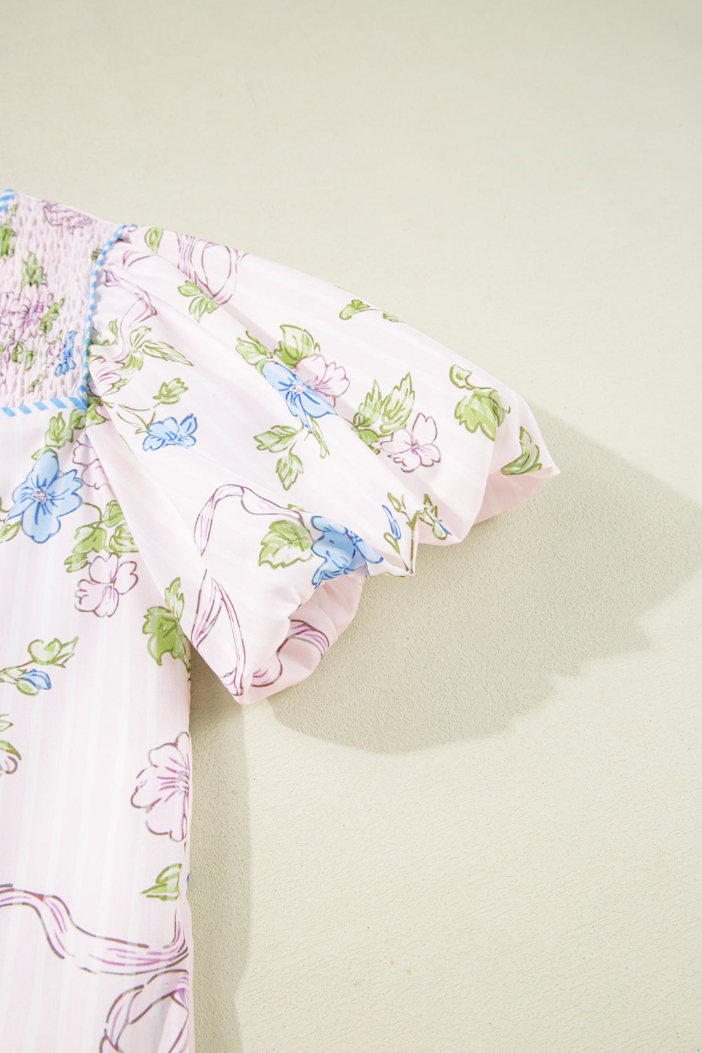 Pink Floral Striped Print Contrast Trim Tie Split Neck Mini Dress Dresses JT's Designer Fashion