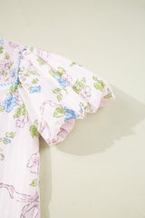 Pink Floral Striped Print Contrast Trim Tie Split Neck Mini Dress Dresses JT's Designer Fashion