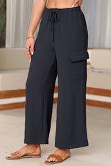 Black Drawstring Frilled Waist Wide Leg Utility Trousers Pants & Culotte JT's Designer Fashion