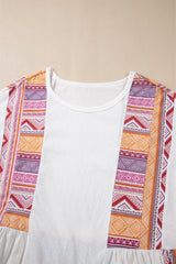 White Western Aztec Print Patchwork Ruffled Tunic Long Sleeve Babydoll Top Long Sleeve Tops JT's Designer Fashion