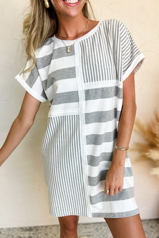 Gray Stripe Mixed Printed Short Sleeve Shift Mini T Shirt Dress Gray Stripe 95%Polyester+5%Elastane T Shirt Dresses JT's Designer Fashion