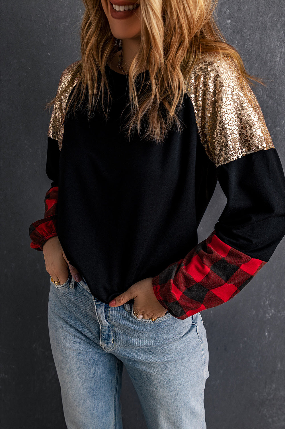 Black Crewneck Lantern Sleeve Plaid Sequin Splicing Blouse Long Sleeve Tops JT's Designer Fashion