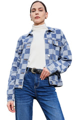 Light Blue Checkered Patchwork Button up Denim Jacket Denim Jackets JT's Designer Fashion