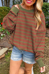 Brown Stripe Trimmed Round Neck Drop Shoulder Loose Sweater Brown Stripe 50%Viscose+28%Polyester+22%Polyamide Sweaters JT's Designer Fashion
