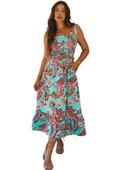 Green Abstract Print Smocked Bodice Knotted Straps Ruffled Long Dress Maxi Dresses JT's Designer Fashion