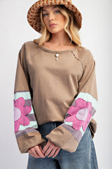 Dune Flower Patchwork Raglan Sleeve Exposed Seam Oversized Top Long Sleeve Tops JT's Designer Fashion