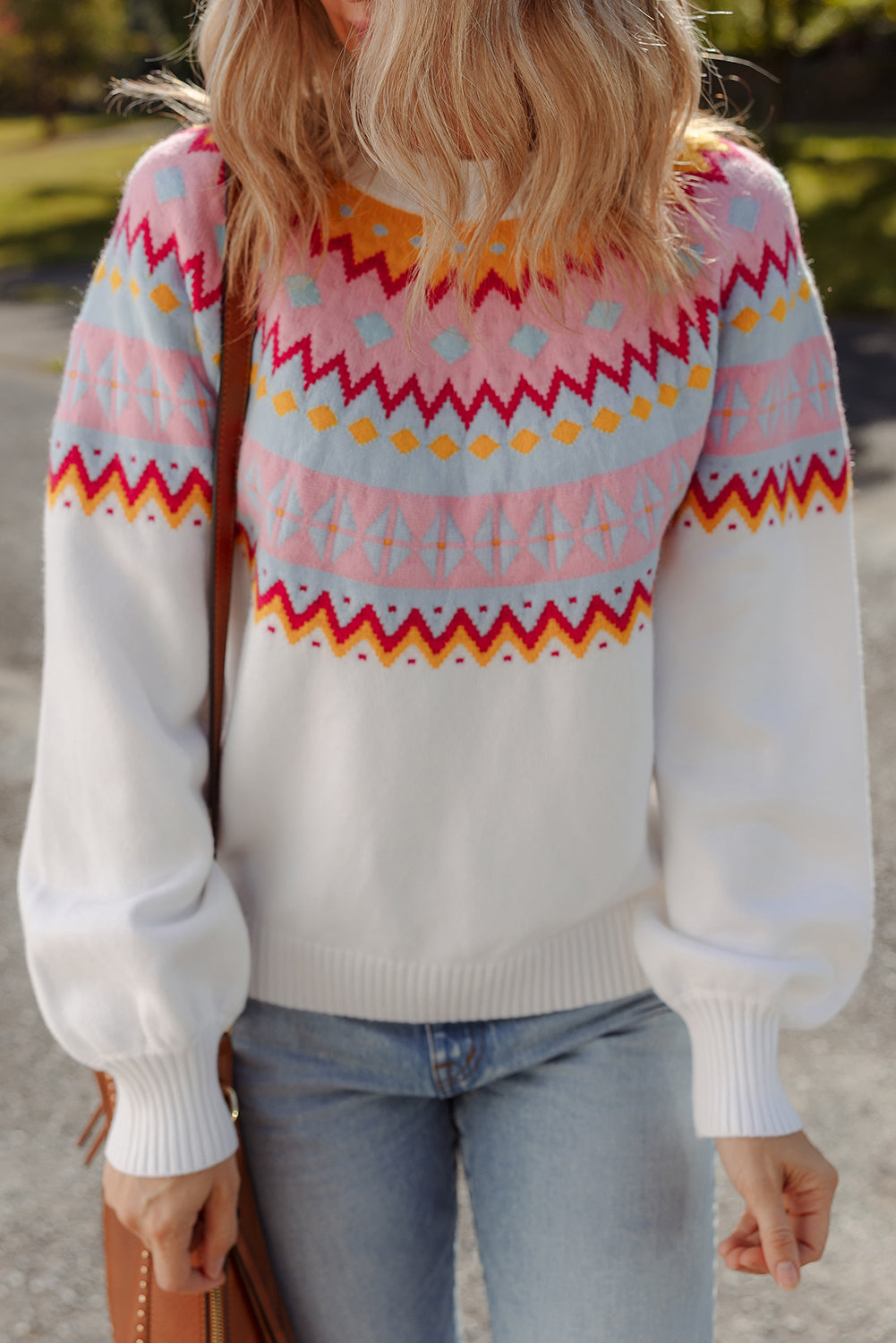 White Ethnic Geometric Colorblock Print Drop Shoulder Sweater Sweaters JT's Designer Fashion