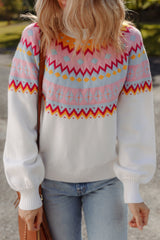 White Ethnic Geometric Colorblock Print Drop Shoulder Sweater Sweaters JT's Designer Fashion