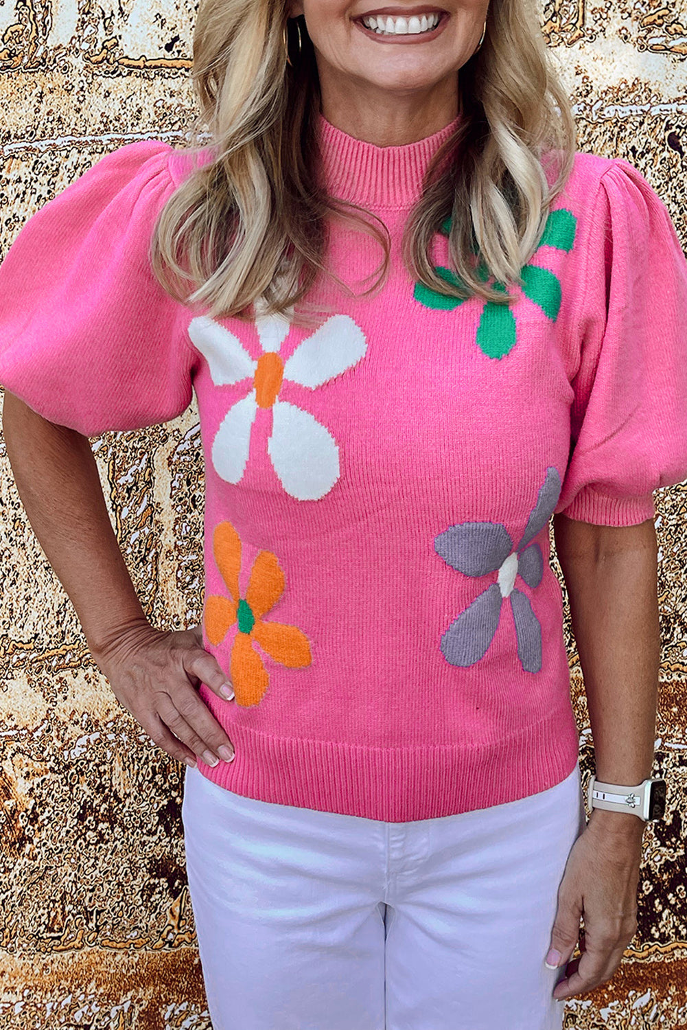 Bright Pink Floral Bubble Short Sleeve Sweater Sweaters & Cardigans JT's Designer Fashion