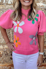 Bright Pink Floral Bubble Short Sleeve Sweater Sweaters & Cardigans JT's Designer Fashion