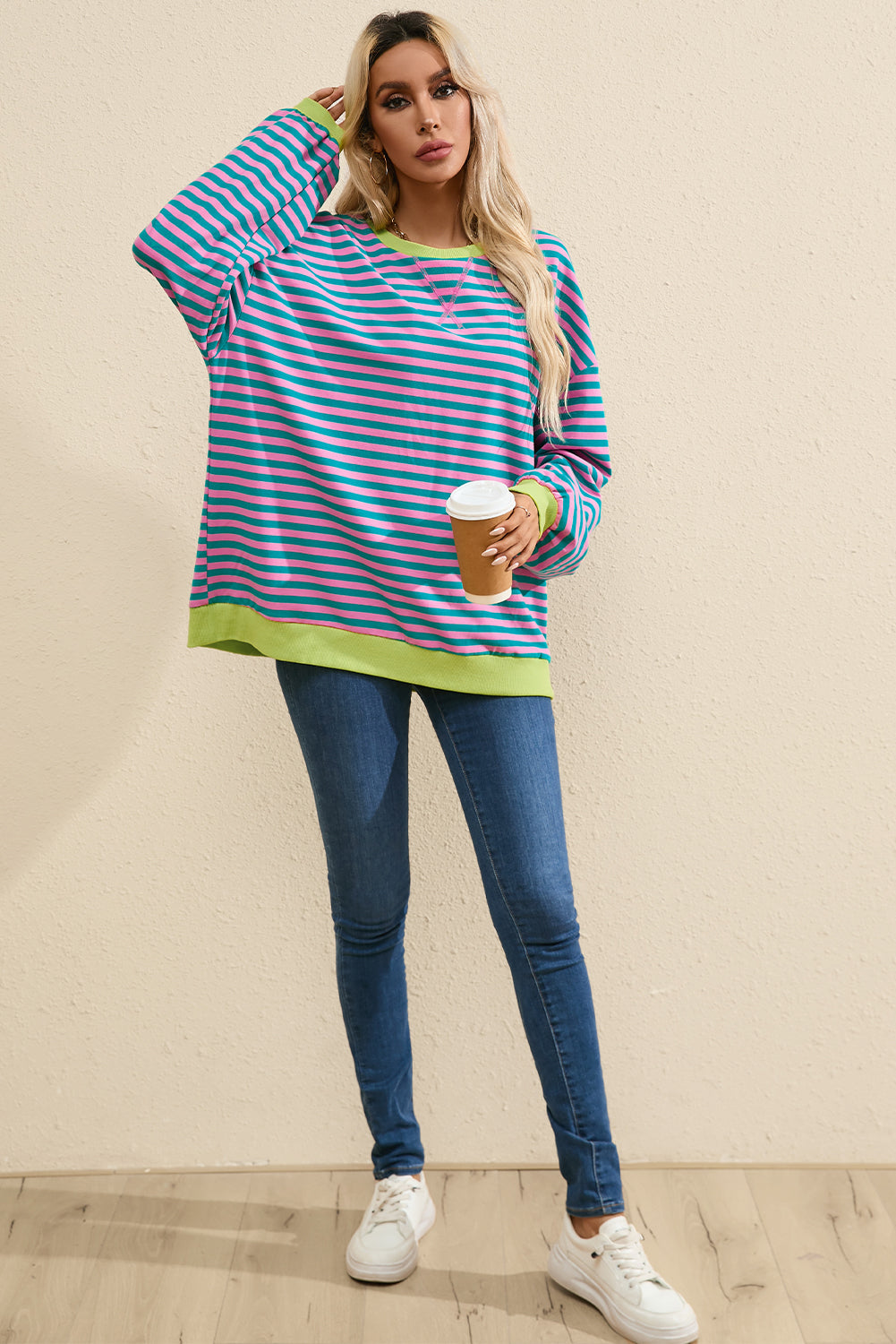 Green Stripe Oversized Contrast Trim Pullover Sweatshirt Sweatshirts & Hoodies JT's Designer Fashion