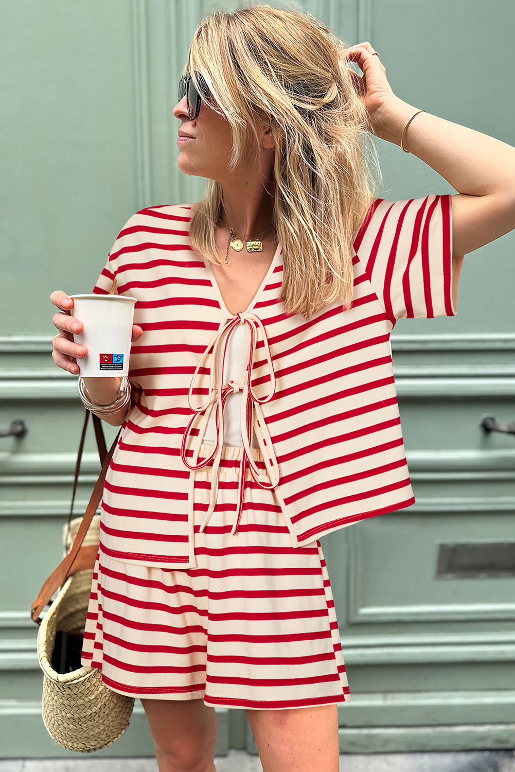 Red Stripe Lace-up Front Top and High Waist Shorts Set Short Sets JT's Designer Fashion