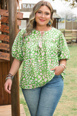 Green Plus Size Floral Tassel Tie Split Neck Puff Sleeve Blouse Green 100%Polyester Plus Size Blouses & Shirts JT's Designer Fashion