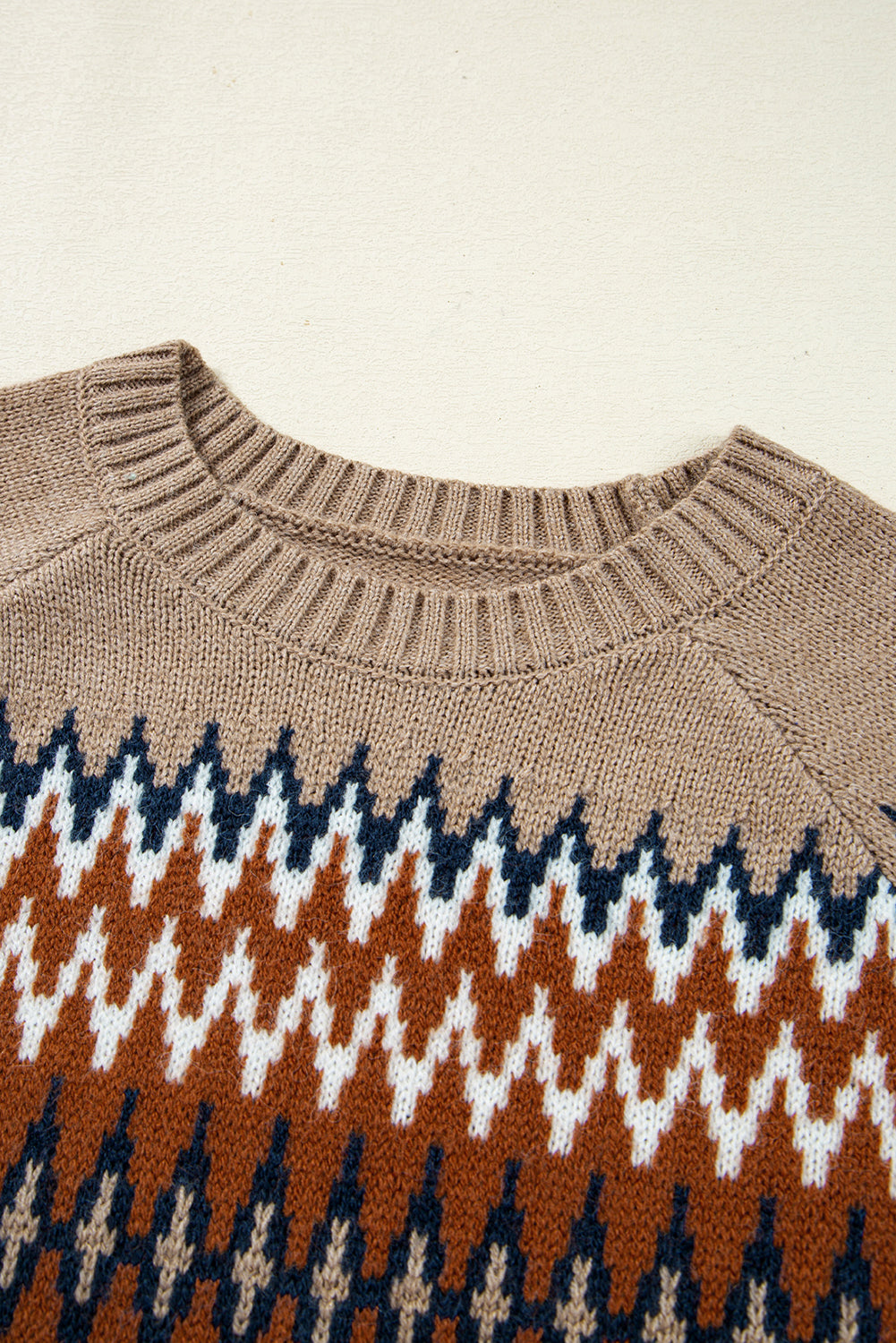 Khaki Aztec Print Colorblock Crew Neck Sweater Sweaters JT's Designer Fashion