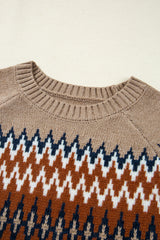 Khaki Aztec Print Colorblock Crew Neck Sweater Sweaters JT's Designer Fashion