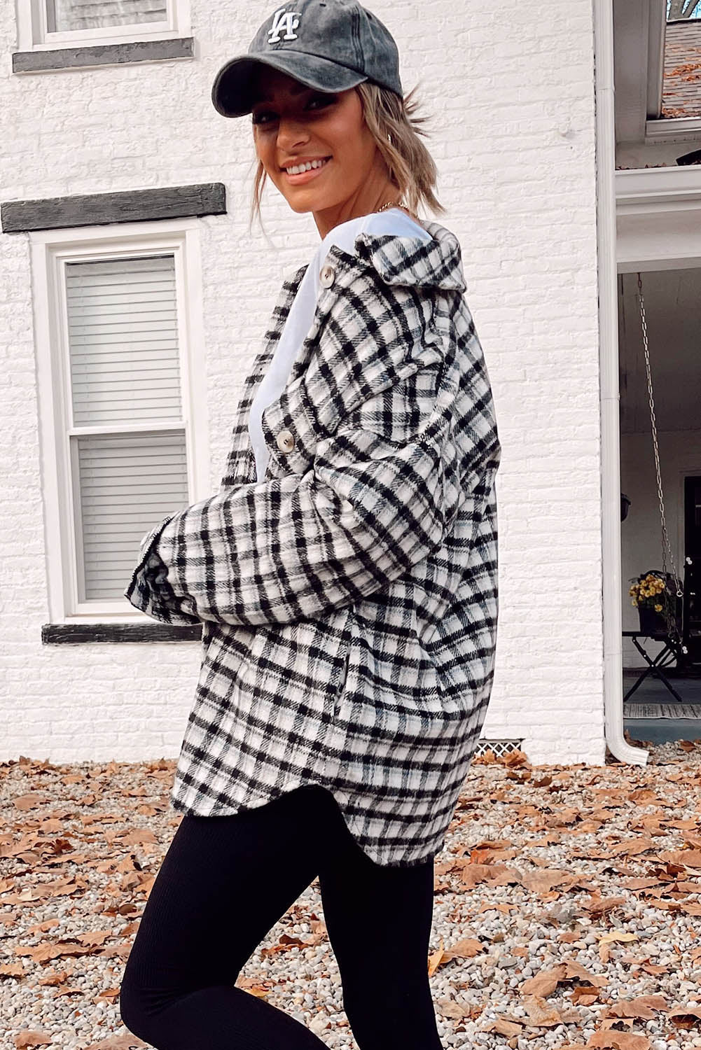 Black Plaid Print Chest Pockets Buttoned Tunic Shacket Plaid Shackets JT's Designer Fashion