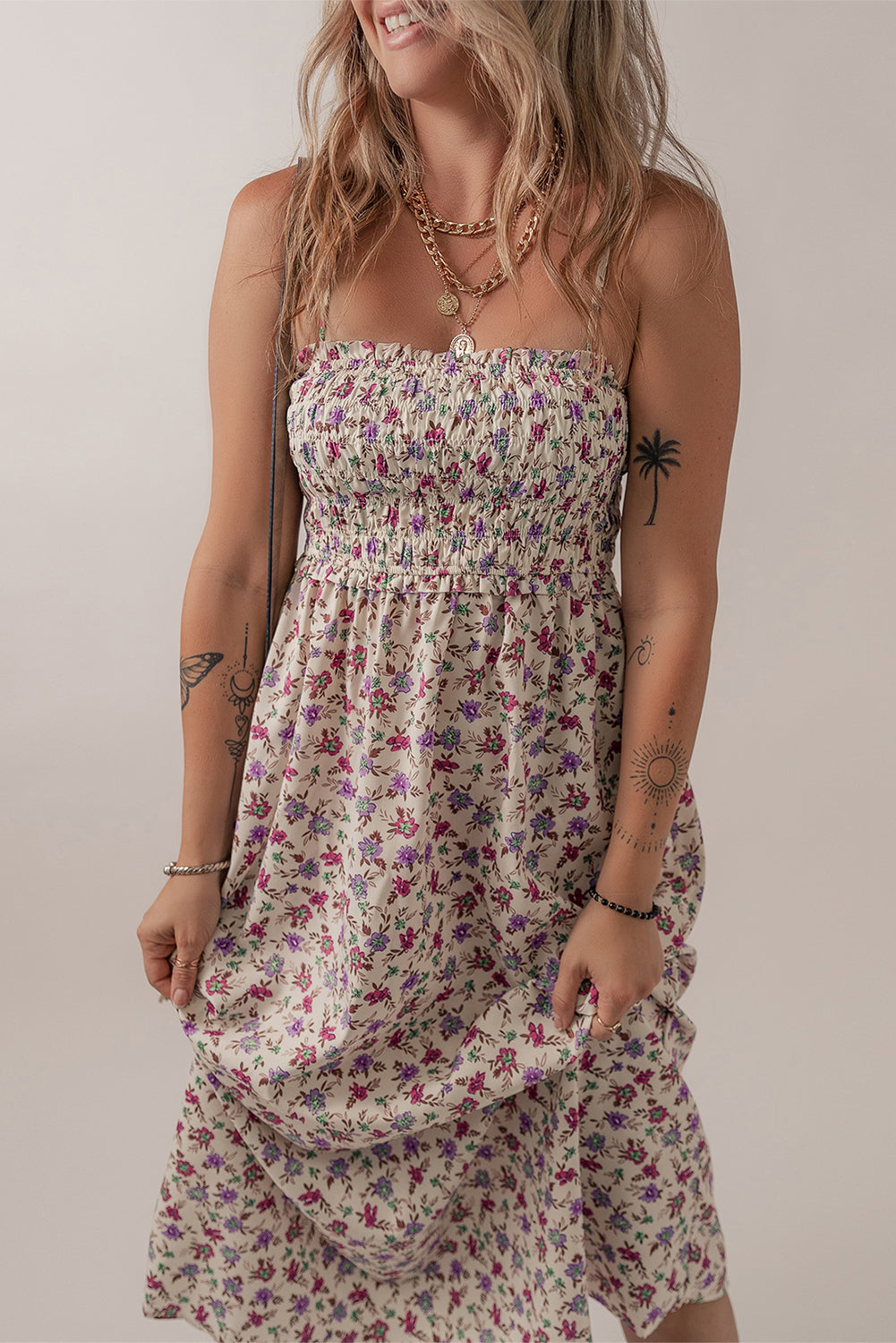 Multicolour Bohemian Ditsy Floral Smocked Fit Flare Sundress Floral Dresses JT's Designer Fashion