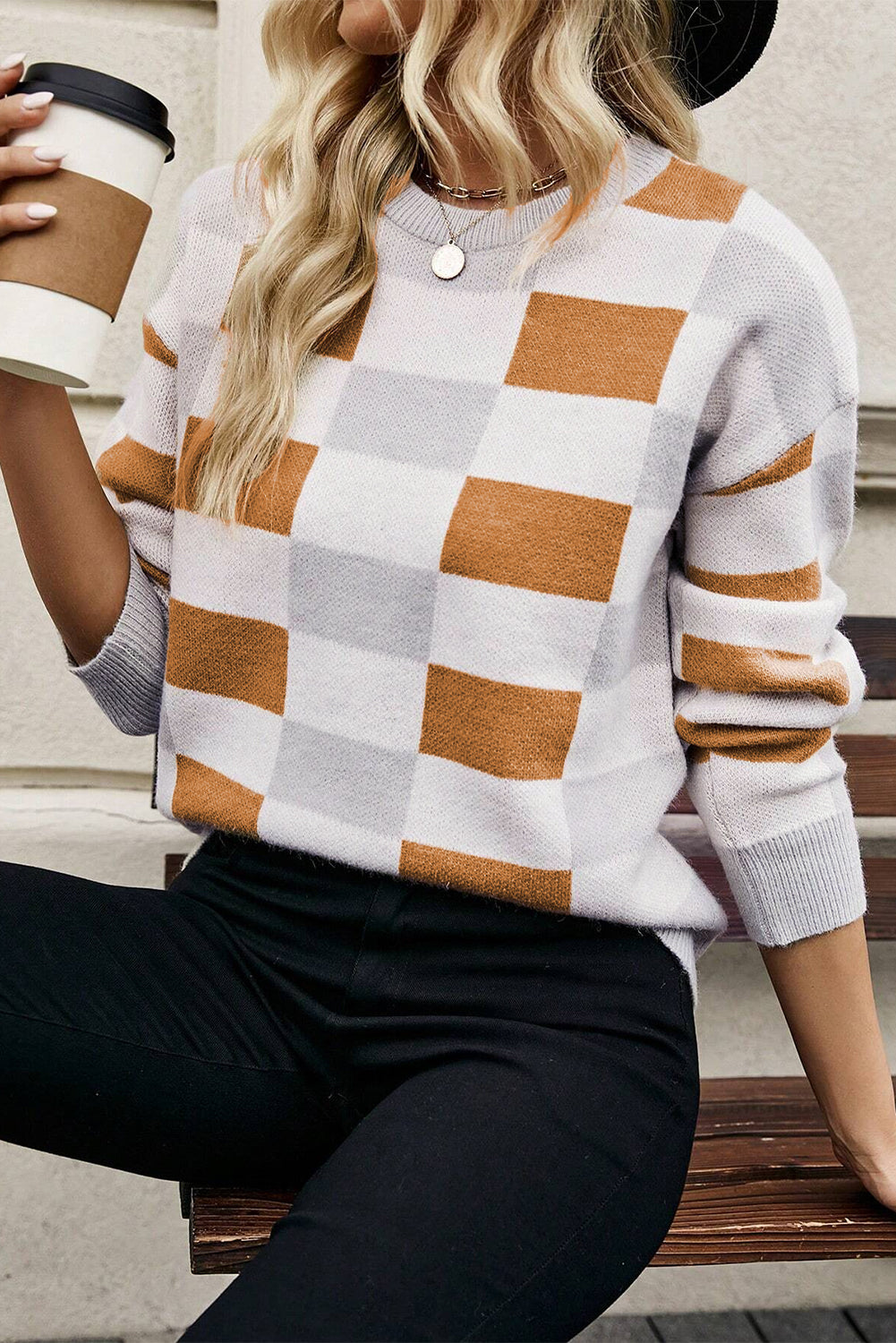 Khaki Checkered Ribbed Edge O Neck Drop Shoulder Sweater Sweaters JT's Designer Fashion