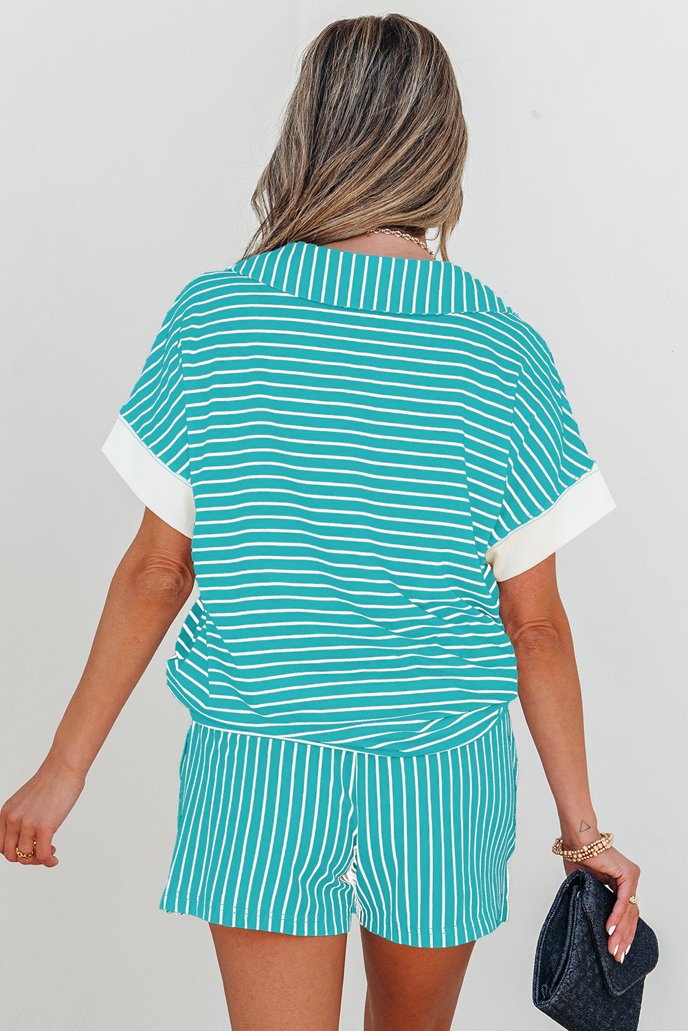 Sky Blue Stripe V Neck Tee and Casual Short Set Short Sets JT's Designer Fashion