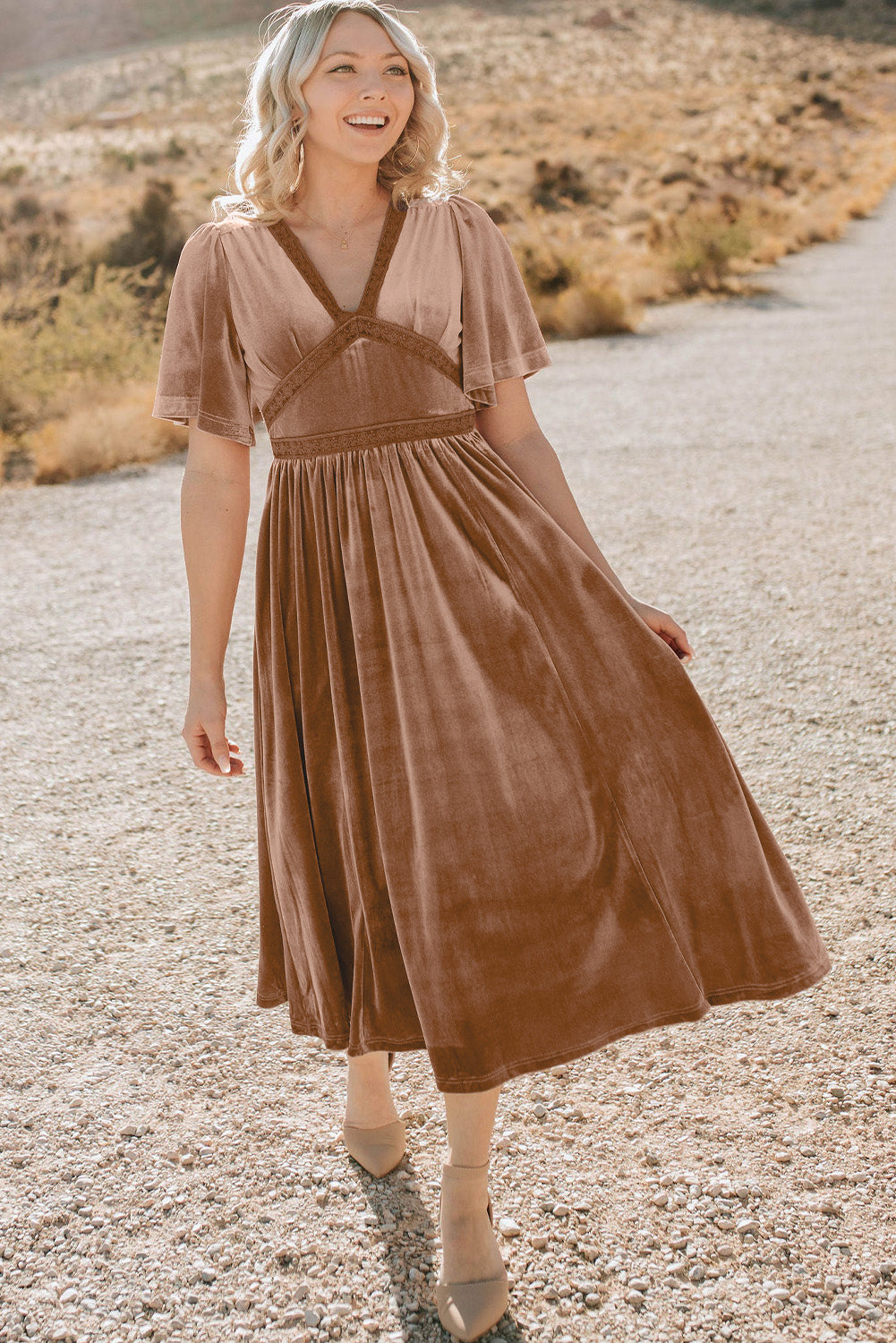 Chestnut Velvet Lacy V Neckline Short Sleeve Empire Waist Flowy Long Dress Maxi Dresses JT's Designer Fashion