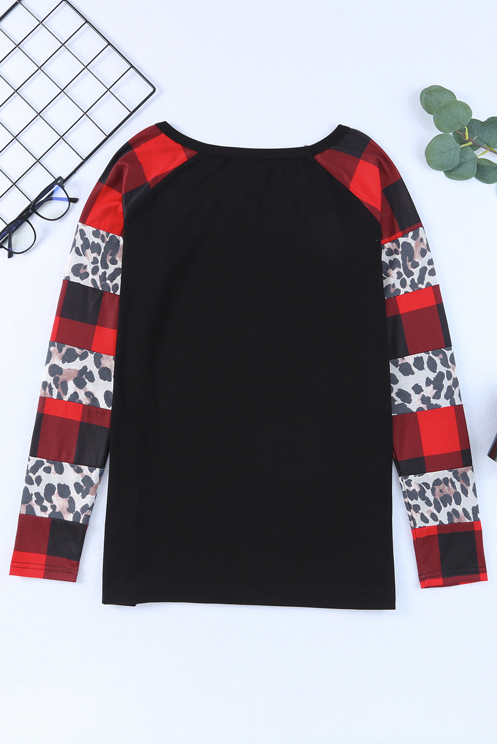 Black Off Shoulder Plaid&Leopard Print Long Sleeve Top Long Sleeve Tops JT's Designer Fashion