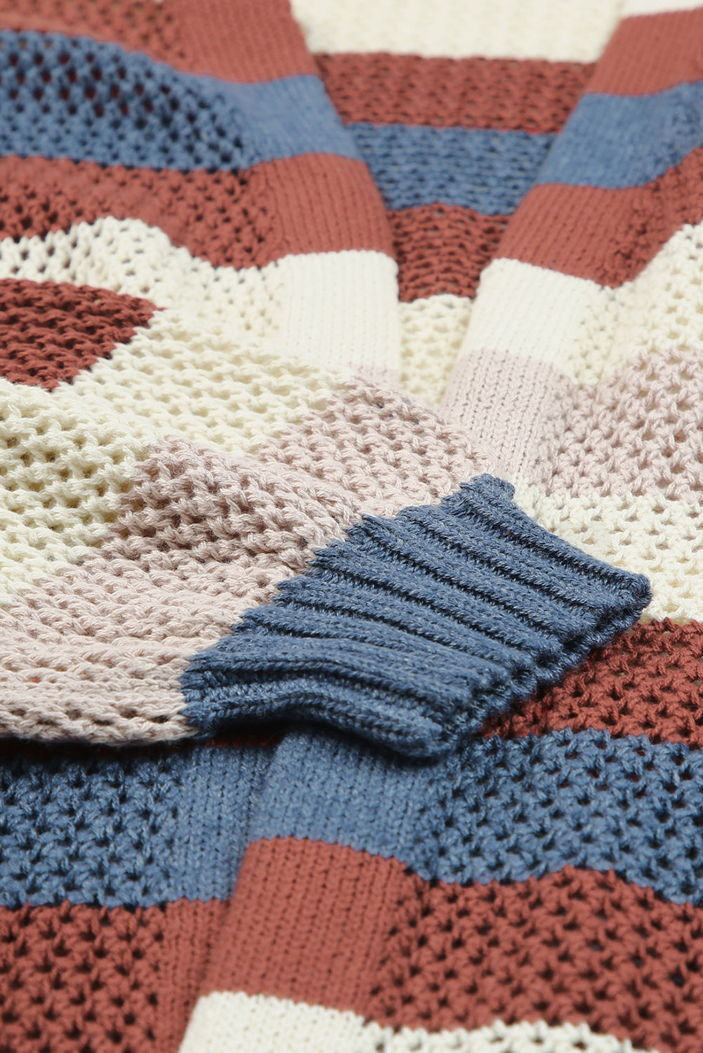 Blue Striped Color Block Hollowed Knit Cardigan Sweaters & Cardigans JT's Designer Fashion