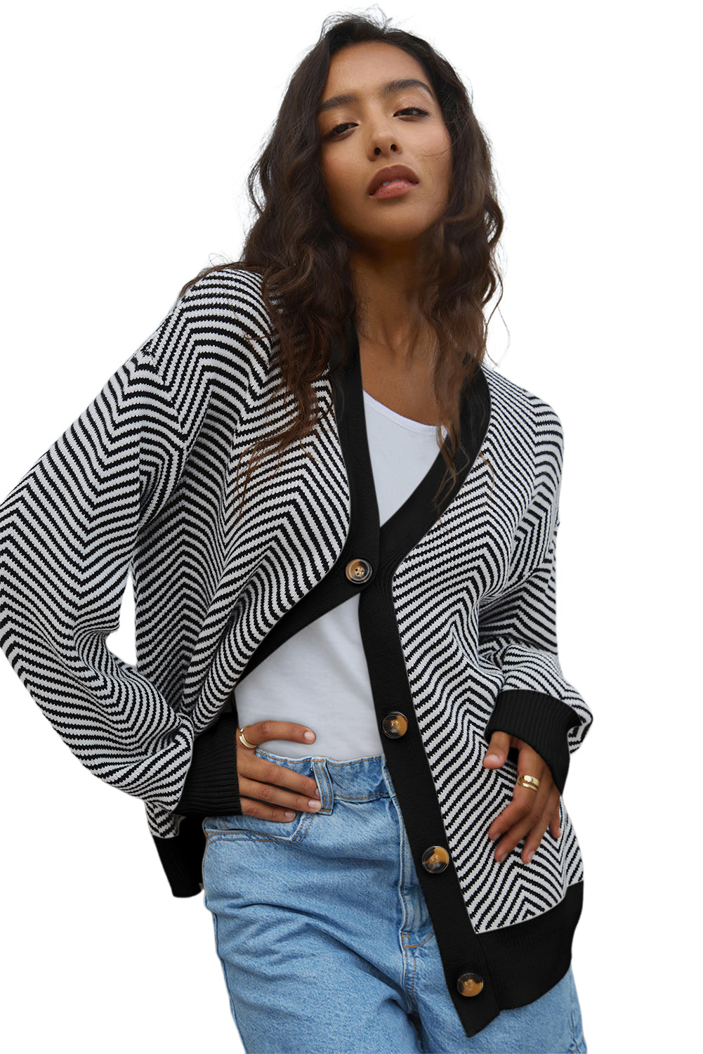White Stripe Buttoned Front V Neck Herringbone Cardigan Cardigans JT's Designer Fashion