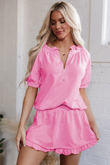 Pink Half Zip Puff Sleeve Top and Ruffled Shorts Set Short Sets JT's Designer Fashion