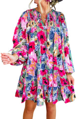 Multicolour Floral Tie Neck Bubble Sleeve Shift Dress Floral Dresses JT's Designer Fashion