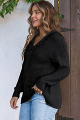 Black V Neck Ribbed Drop Shoulder Hooded Sweater Sweaters & Cardigans JT's Designer Fashion