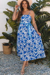 Blue Floral Printed Spaghetti Strap Maxi Dress with Waist Tie Floral Dresses JT's Designer Fashion