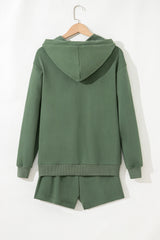 Mist Green Button Drawstring Hooded Pullover and Casual Short Set Short Sets JT's Designer Fashion